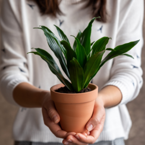 Girl holding plant. Showing compassion, being annoyed, annoying people.